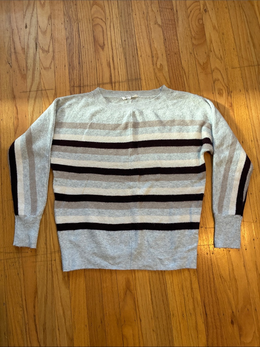Striped Crewneck Sweater - Light Gray with Burgundy and Cream Stripes